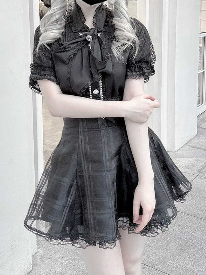 Neckline Chiffon Blouse Black Bow Kei Jirai with and Self-tie Fabric Style Lace