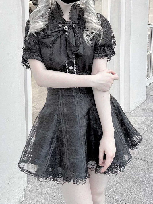 Neckline Chiffon Blouse Black Bow Kei Jirai with and Self-tie Fabric Style Lace