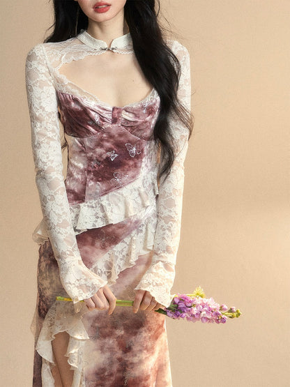 Seitlichem Ziegelrot Schlitz Vintage Saum Kleid Ärmel Cutout Detail Spitze Patches Rüschen