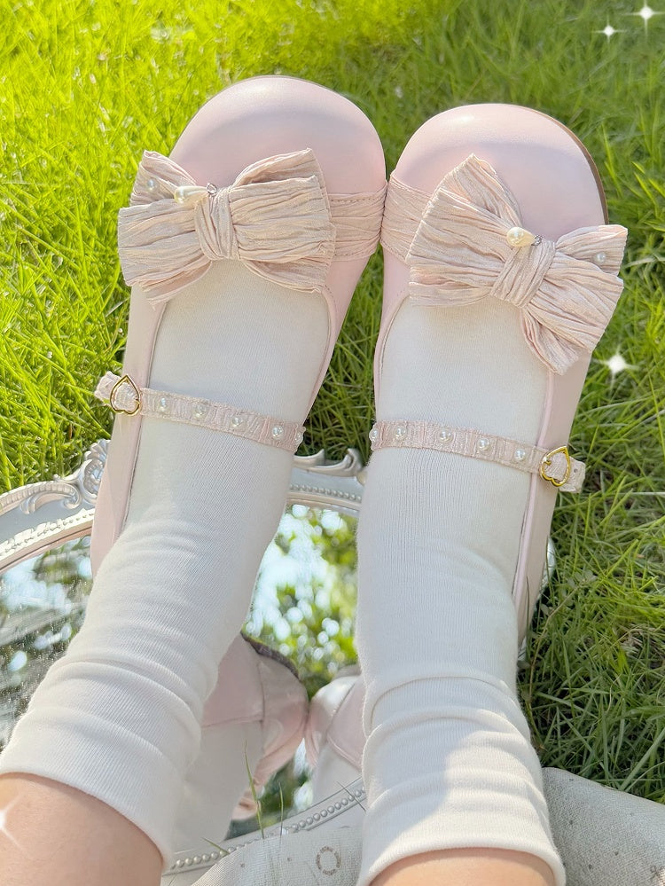 Pink Round Decorated Shoes Strawberry Top at Toe Buckle Bow Heart Lolita Beaded