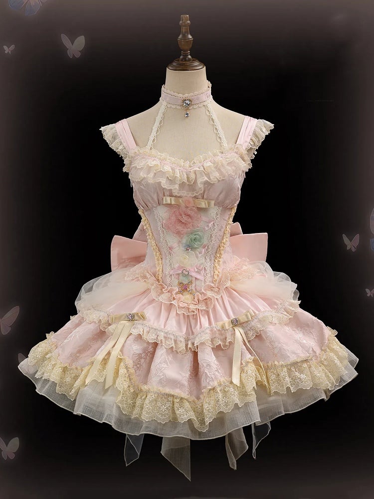 Pink Floral Fairy Boned Corset Waist Hanayome Princess Lolita Dress