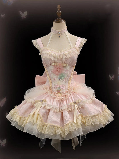 Pink Floral Fairy Boned Corset Waist Hanayome Princess Lolita Dress