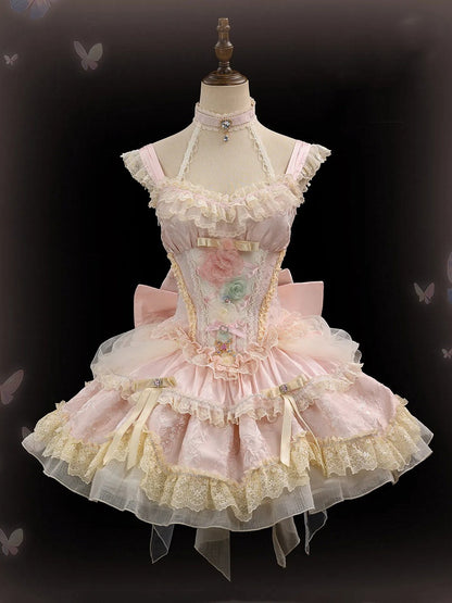 Prinzessin Blumenkleid mit Knochen, rosa Pullover, Taille, Fee, Lolita, Korsettrock, Hanayome