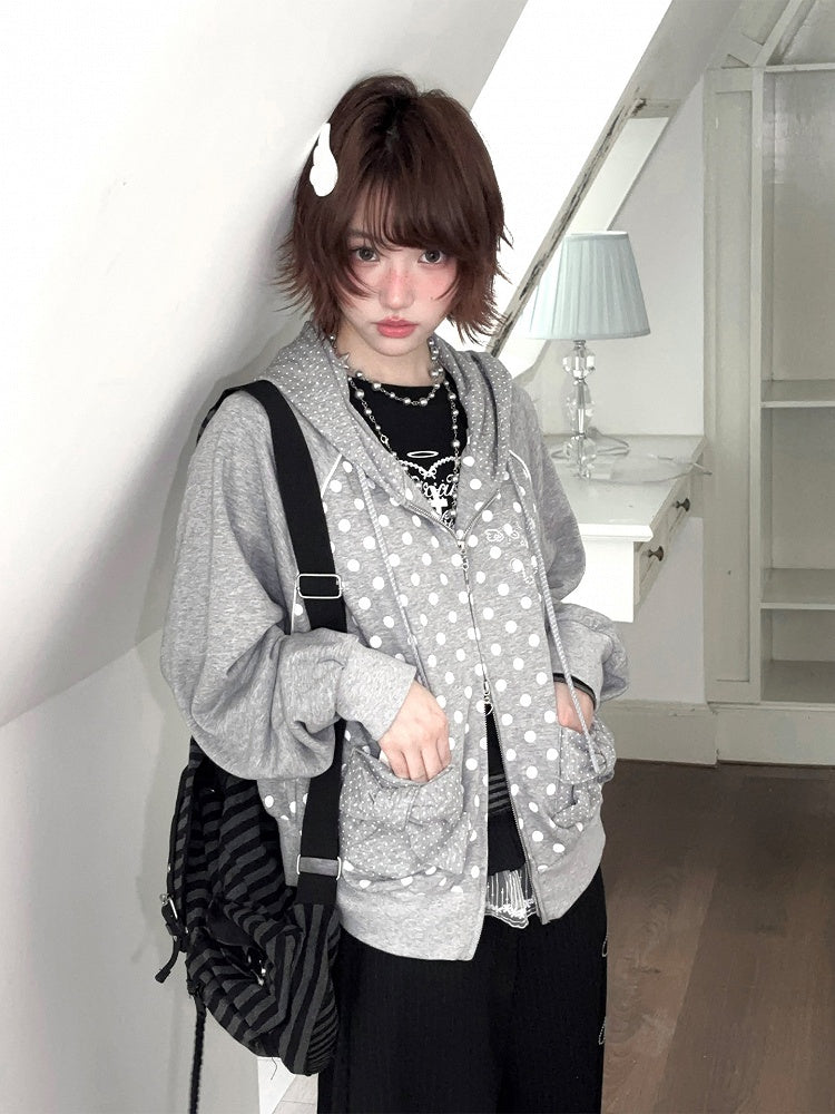 Jacket Dot Raglan Black Gray Bow Polka Hoodie with Decorative / Sleeve