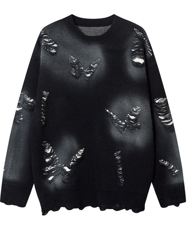 Y2K Black Butterfly Shaped Distressed Holes Round Neck Sweater