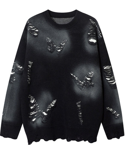 Y2K Black Butterfly Shaped Distressed Holes Round Neck Sweater