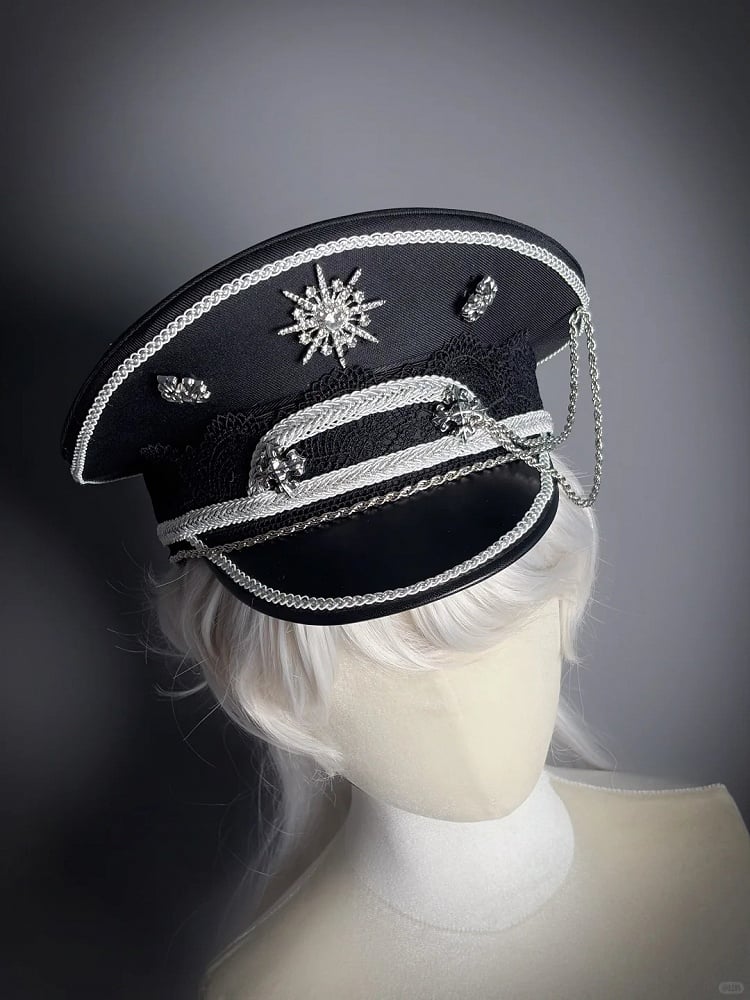 Military Lolita Chain Hat – Black & Silver, Alice Girl