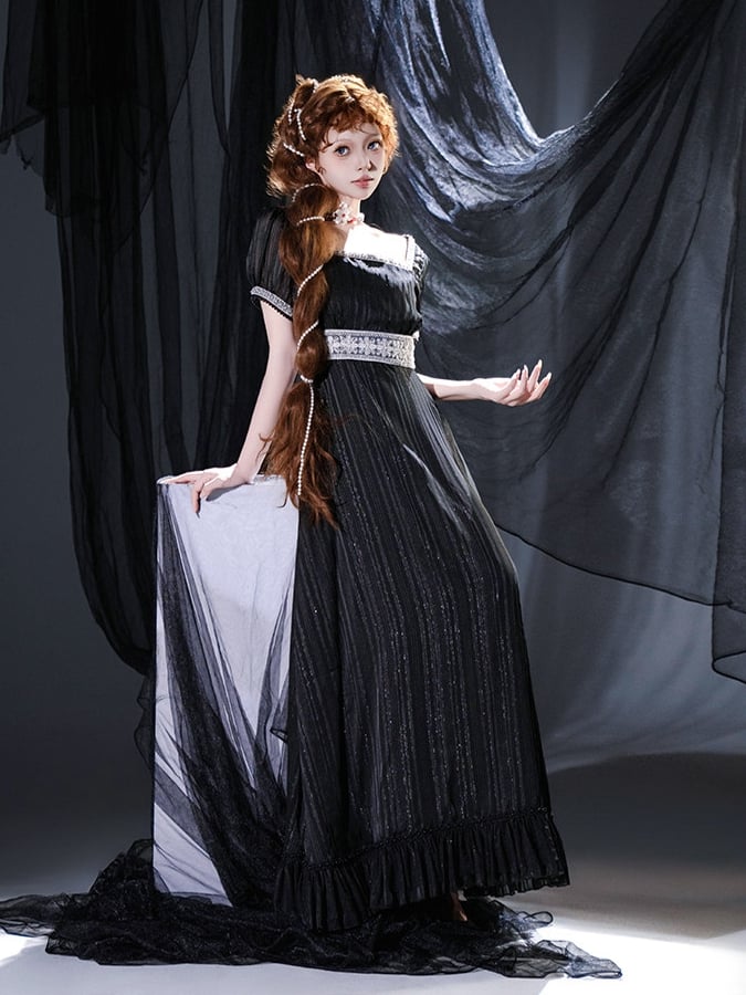 Square Neck Empire Dress with Bead Details - sanshanjiu