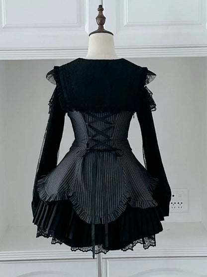 Striped Jirai Kei Two-Piece Set with Sailor Collar Cutout Shoulder Pleated Dress and Shorts in Black - Broken Bear