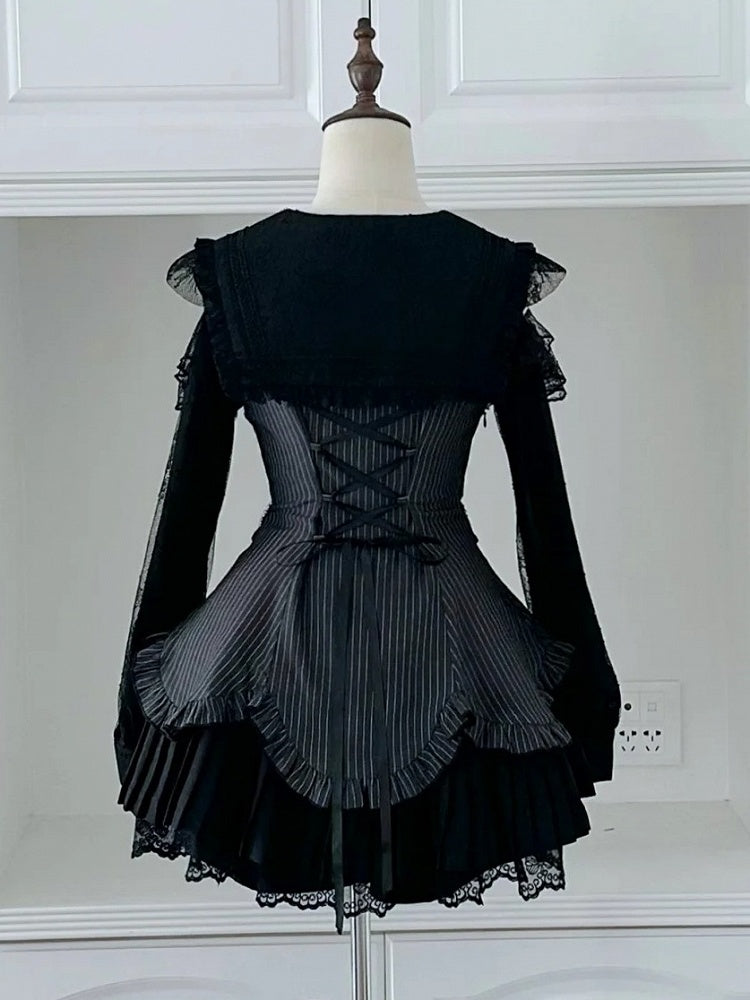 Striped Jirai Kei Two-Piece Set with Sailor Collar Cutout Shoulder Pleated Dress and Shorts in Black - Broken Bear