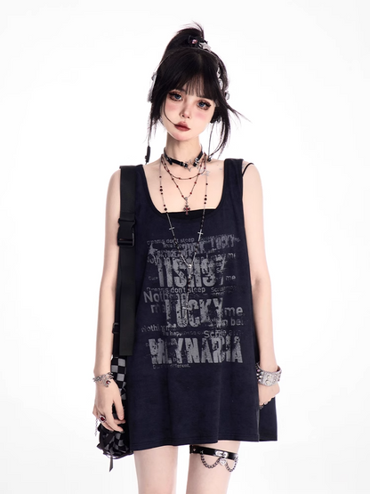 ブラック スクープネックライン レタープリント オーバーサイズ タンクトップ