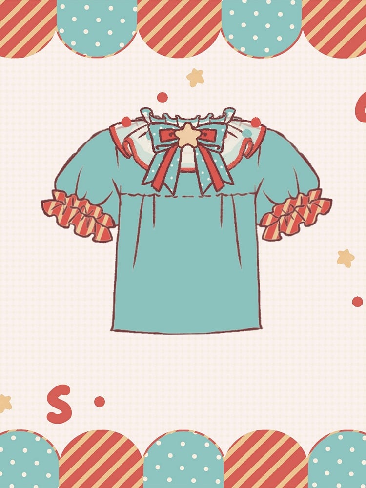 Bluse Puff Sweet und Orange Pompoms Kragen Ärmel Grün