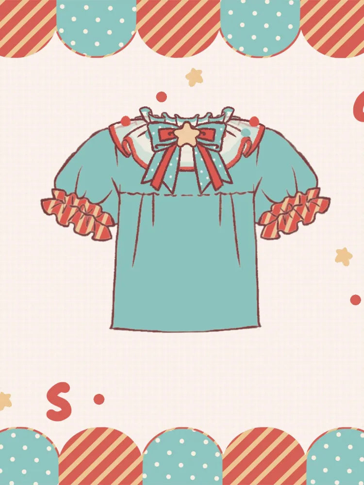 ポンポンブラウスカラースイートスリーブオレンジパフグリーン