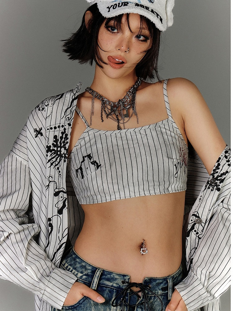 Cami Top Streifen Graffiti Distressed Weiß Schwarz Cropped
