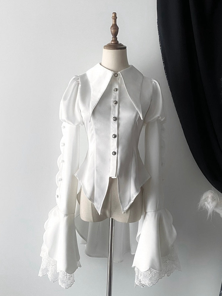 White Pointed Foldover Collar Ouji Gothic Lolita Long-Sleeve Tail Shirt