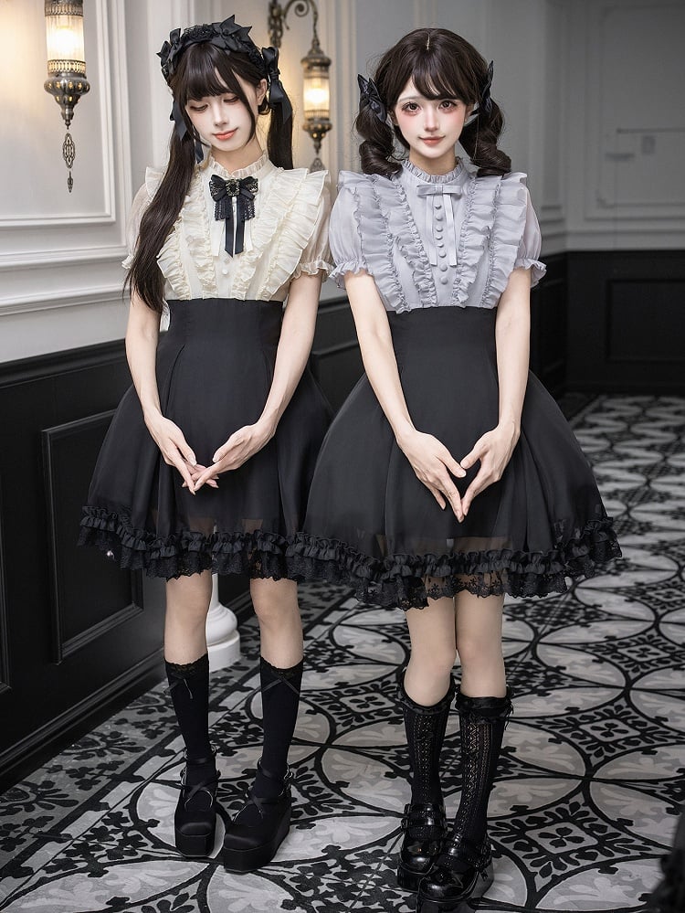 Beige Ruffled Blouse & Black Short Skirt Fake Two Pieces Lolita Dress - With PUJI