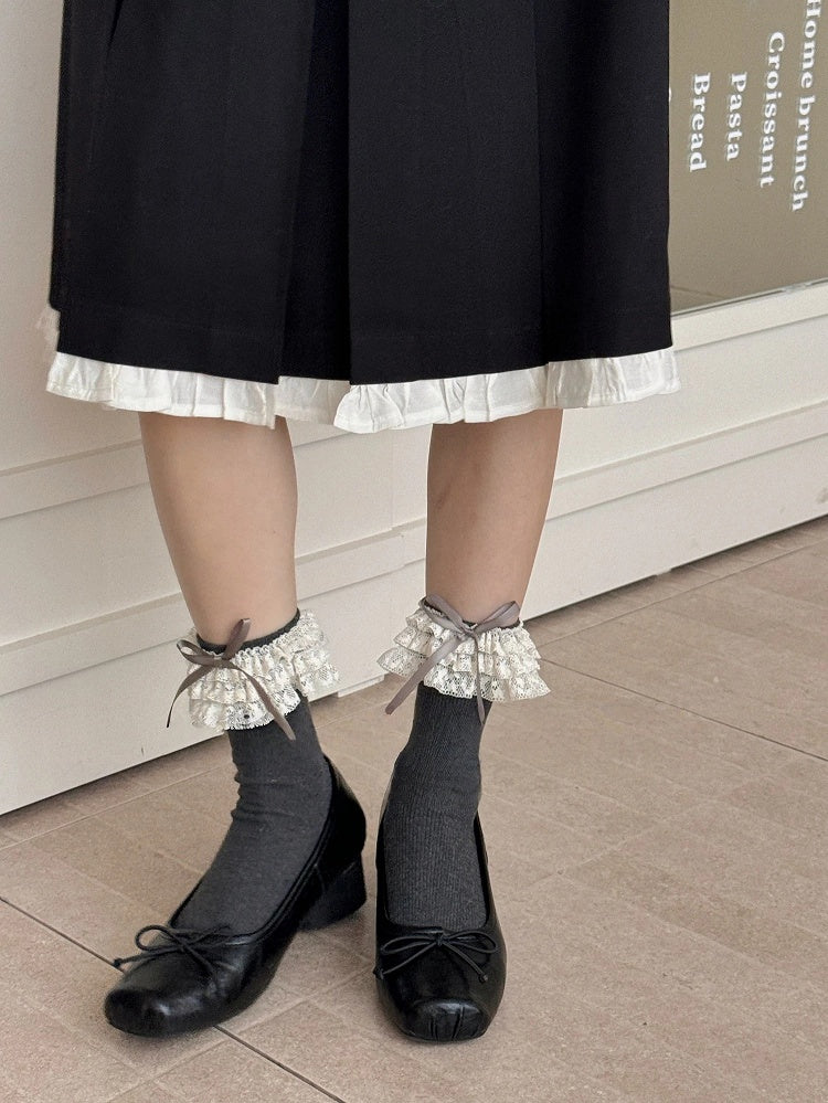 Ribbed Ruffled Socks Bow Cuffs Lace with