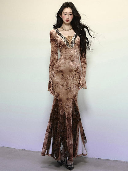 Kaffee Pailletten V-Ausschnitt Hohe Taille Spitze Patchwork Volant Meerjungfrau Rock Samtkleid Abendkleid