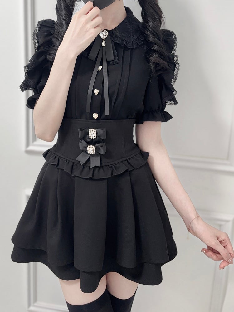 Trim Kei Lace Jirai Cutout Bow Peter Collar Tie Shoulder with Blouse Pan Black