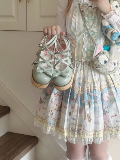 Platforms Sweet Heels Bow Middle Crisscross PU Grass Top - at Lolita Round Toe Design Green