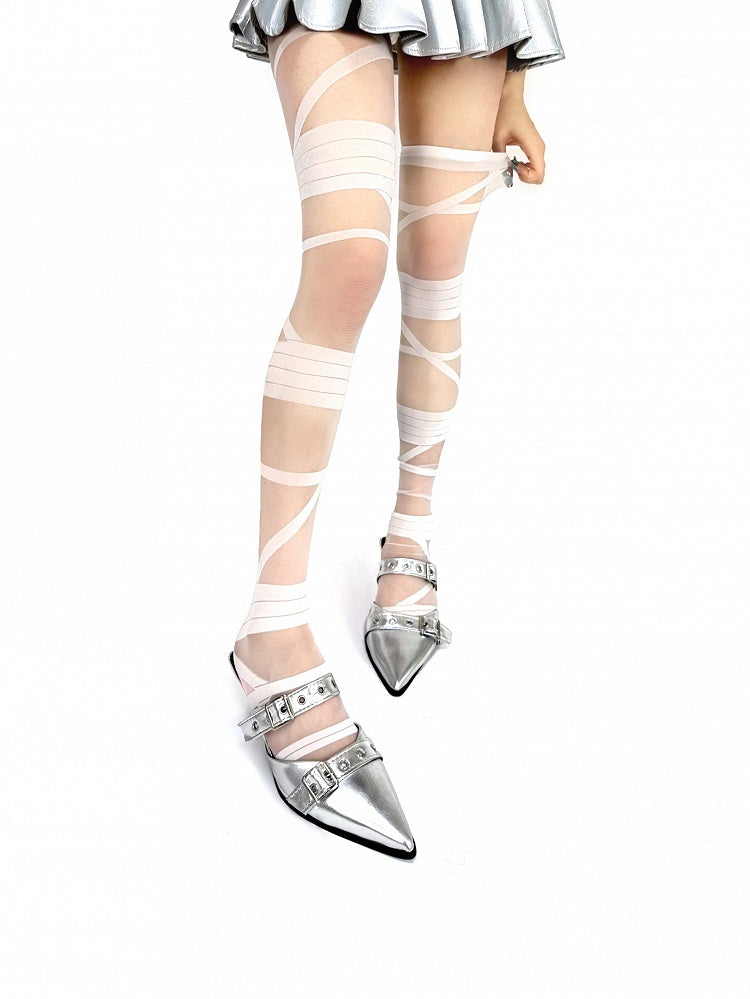 Stockings White/Black Y2K Pattern Knee Over Strap