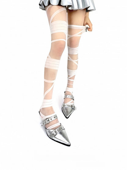 Stockings White/Black Y2K Pattern Knee Over Strap