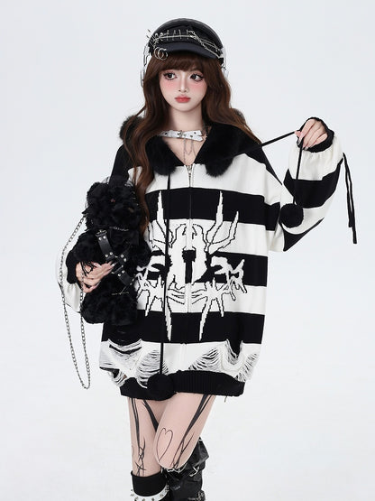 Punk Zip-up Hooded and Fur - Sweater White Removable Collar with Stripes Faux Black