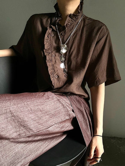 Coffee Ouji Short Sleeve Shirt with Ruffle Trim - ASAE