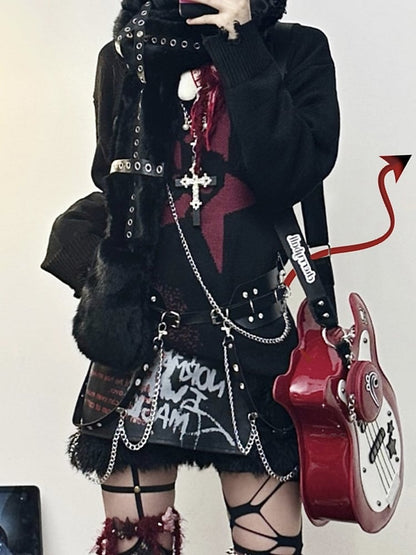 and Black/Gray Distressed Knit Sweater with Zipper Chain Detail