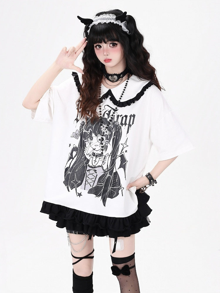 Anime Girl Print White Peter Pan Collar Short Sleeve T-Shirt with Ruffle Hem - CRAZY GIRL