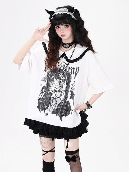 Anime Girl Print White Peter Pan Collar Short Sleeve T-Shirt with Ruffle Hem - CRAZY GIRL