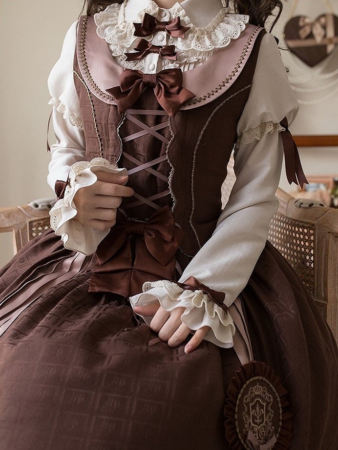 Scoop Scalloped with Dress Chocolate Lolita Edge Sweet Hem Neckline Brown