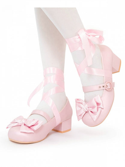 Round Toe Lace-up Bowknot Pink Lolita Heels 4.5cm - MODO