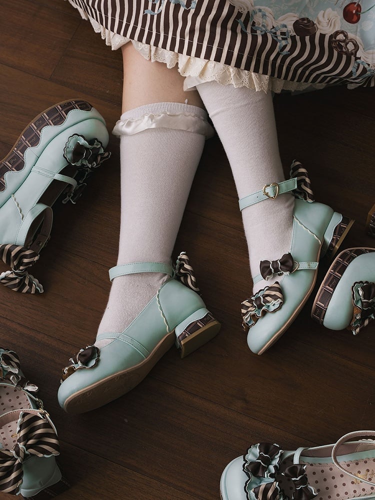Heart Pattern Details Buckle Lolita Bowknot GreenBrown Striped