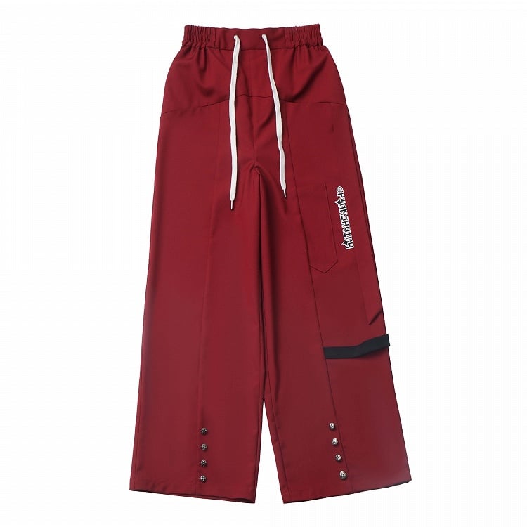 Straight-Leg Pants Red Drawstring Waist Stud Details