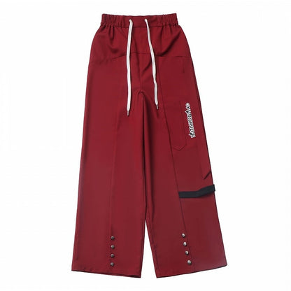 Straight-Leg Pants Red Drawstring Waist Stud Details