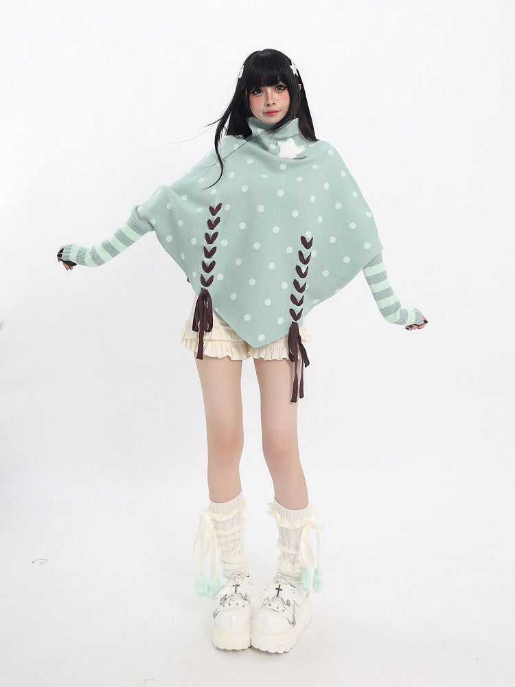Mint Green Y2K Turtleneck Sweater with Polka Dots, Pointed Hem & Lace-Up - Catwish