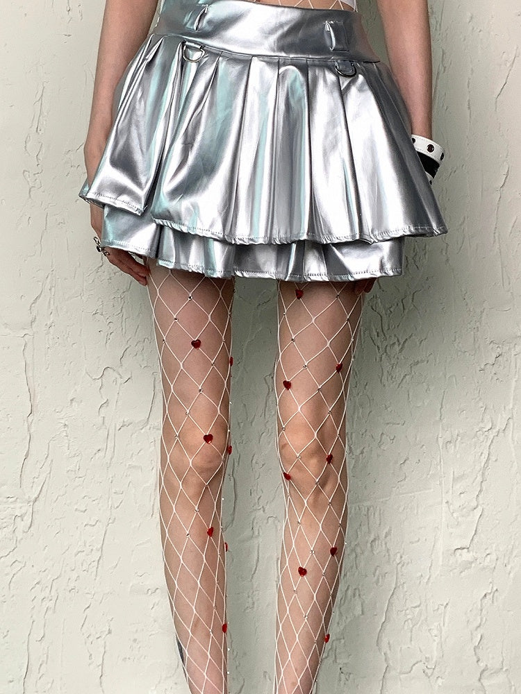 ブラック/ホワイトのハート型装飾Y2Kディテールラインストーンフィッシュネットタイツ