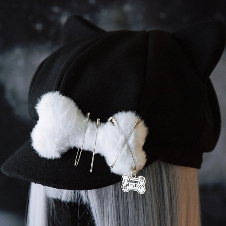 Gothic Decorated Bone Black Plush Pin Ear Hat Beret Design Cat