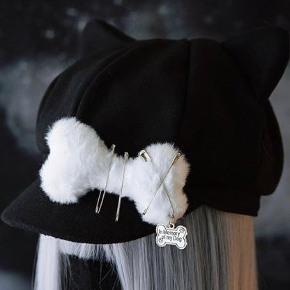 Gothic Decorated Bone Black Plush Pin Ear Hat Beret Design Cat