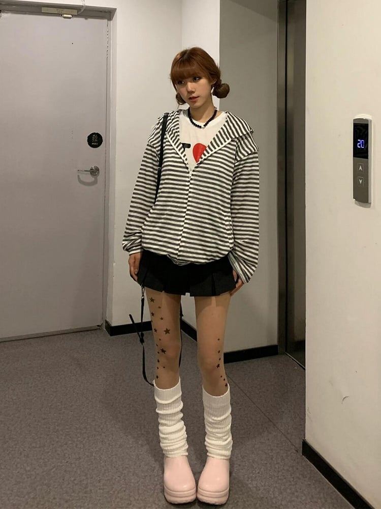 Hoodie Ear White Sleeves Bunny Black Striped Detachable with