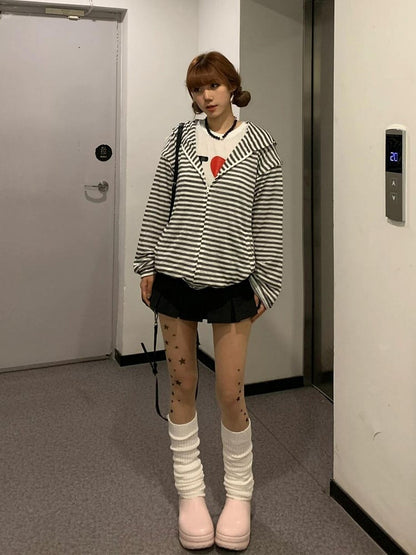 Hoodie Ear White Sleeves Bunny Black Striped Detachable with