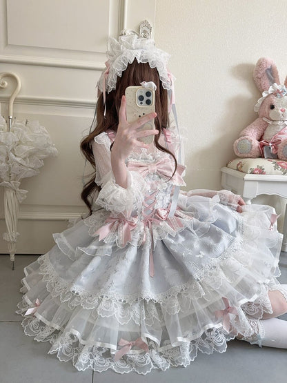 Jacquard Only Princess Dreamy Blue Train with Details JSK Ruffled Bow / Lace Dress Embossed + Lolita