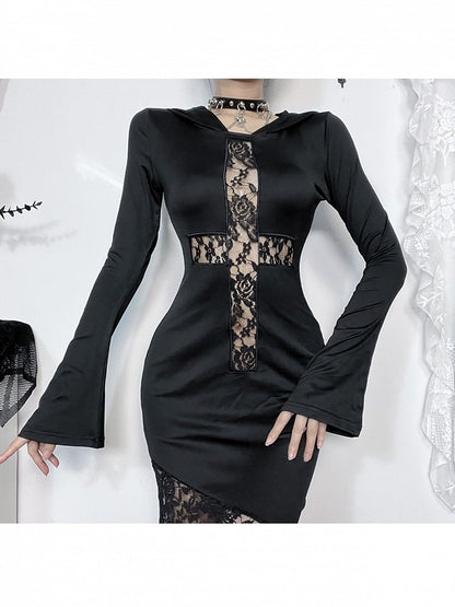 Halloween Cross Witch with Cut-Out Hooded Embroidered Floral Black Dress Lace Gothic