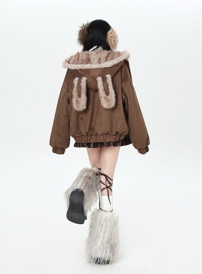 Padded Elastic Hem Hooded Ear with Brown Jacket Rabbit Cuffs