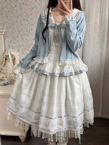 Ivory and Azure Stitched Sailor Gown with Detachable Collar - Honey Machine