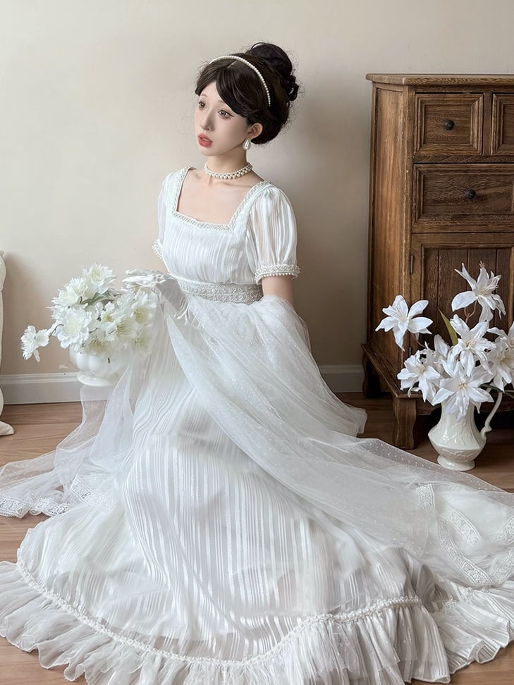 White Square Neckline Empire Dress Lolita OP with Bead Details - sanshanjiu