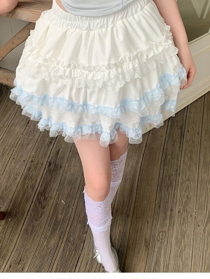 Puffy Layered High Waist Lace Skirt - Lan Jian Chuan