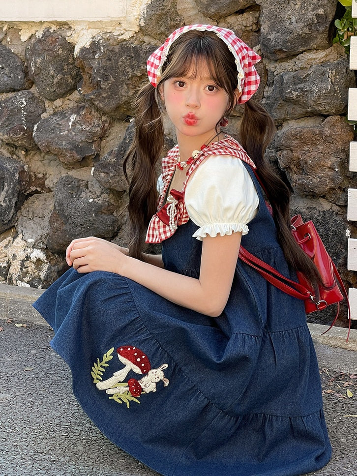 Bunny and Mushroom Embroidery Red Navy Blue Sleeveless Dress Neckline Plaid