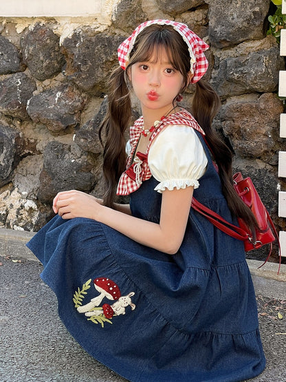 Bunny and Mushroom Embroidery Red Navy Blue Sleeveless Dress Neckline Plaid